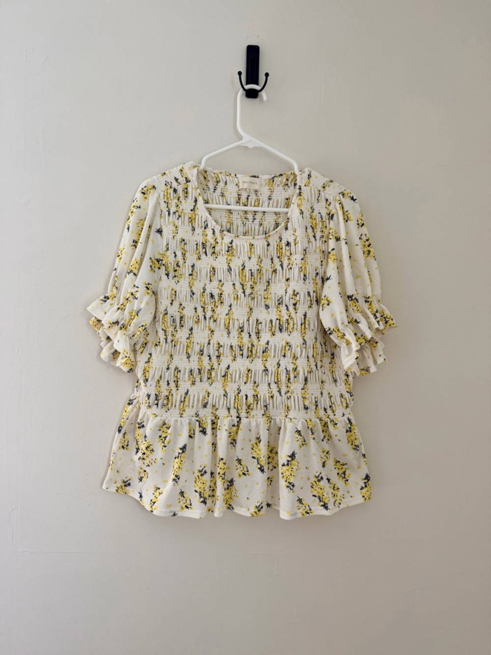 MELLODAY White and Yellow Floral Smocked Peplum Blouse